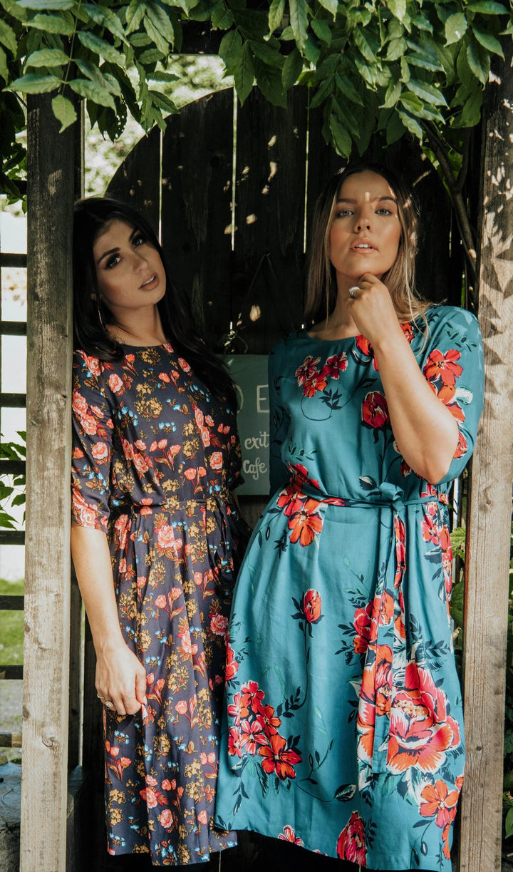 Teal Peony 3/4 Sleeve Midi Dress