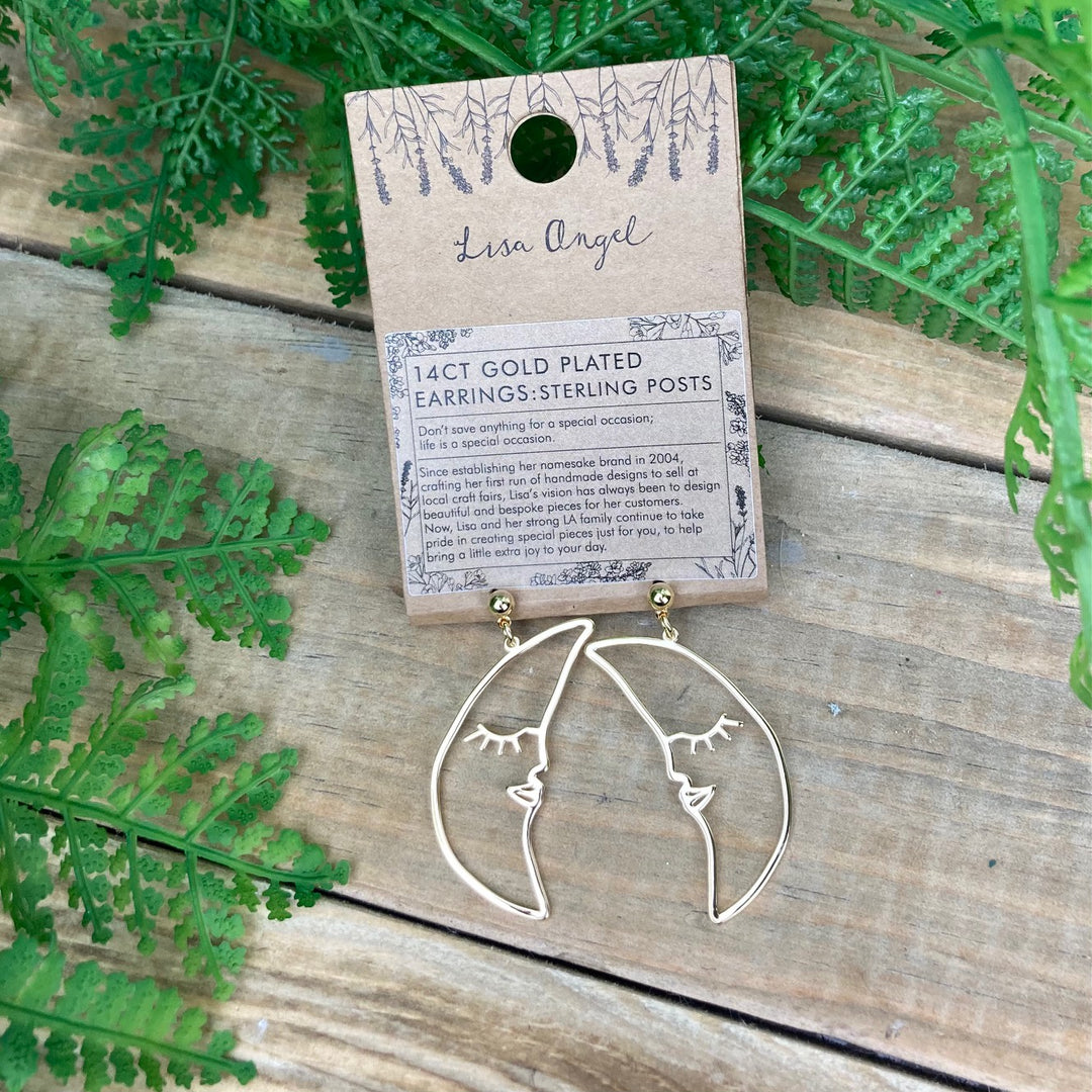 Sleeping Crescent Moon Face Drop Earrings in Gold