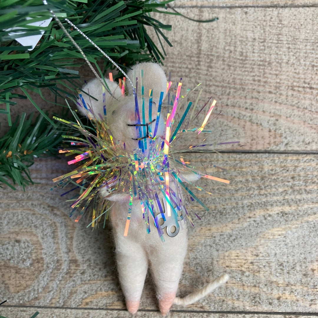 Wool Mouse with Iridescent Tinsel Scarf