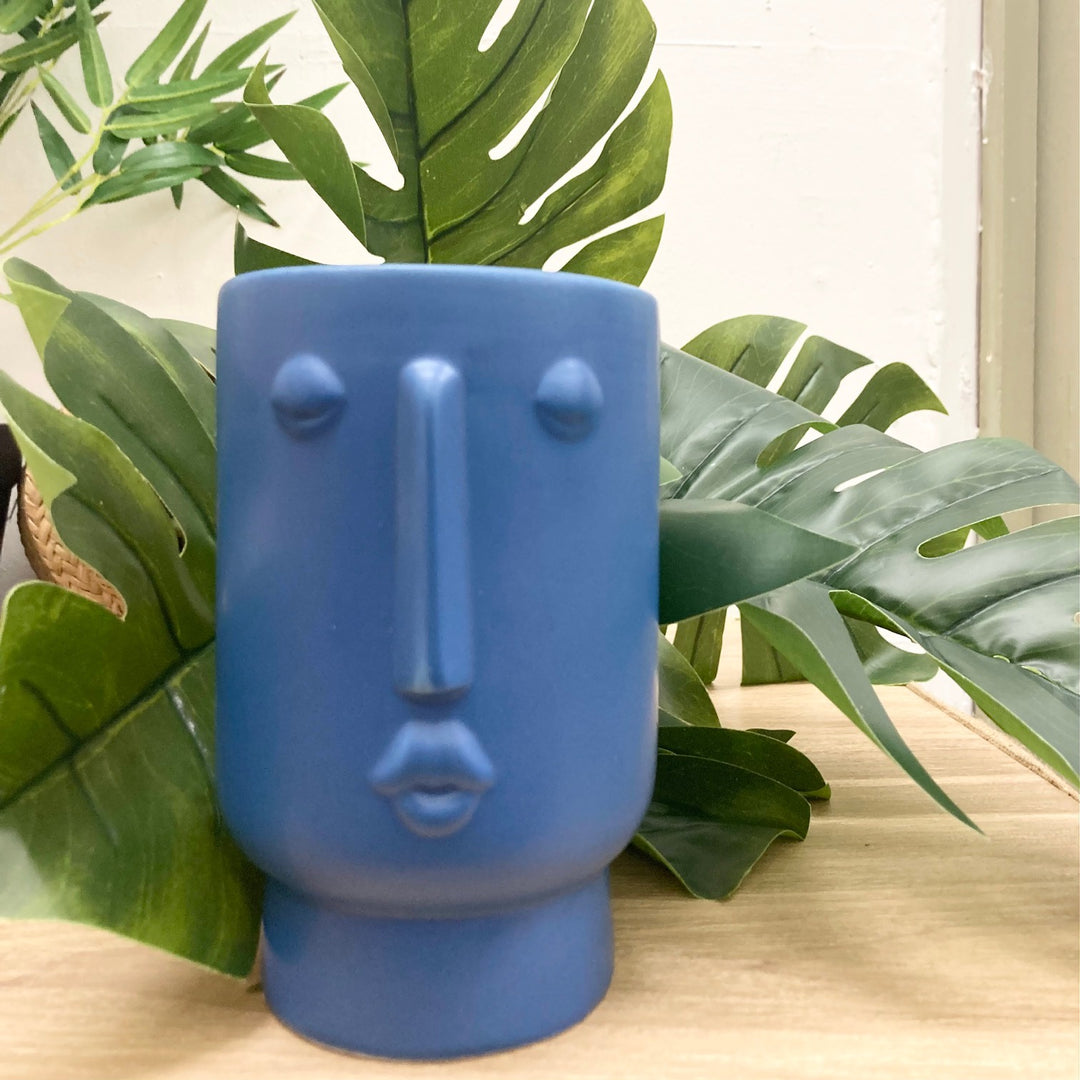 Blue Tall Face Plant Pot