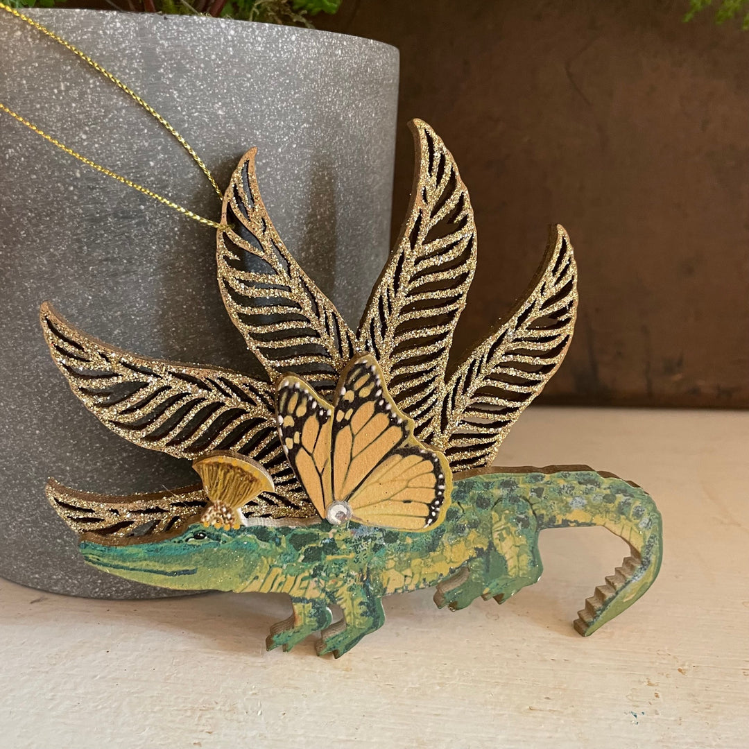 Gold + Green Glitter Crocodile Wood Decoration