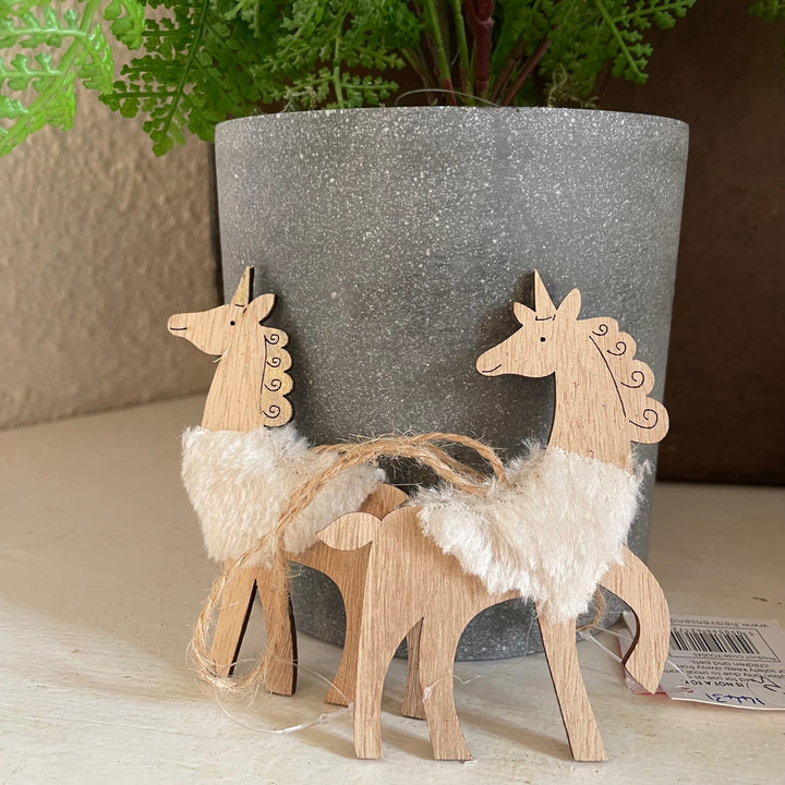 Wooden Unicorn with Faux Fur Hanging Decoration