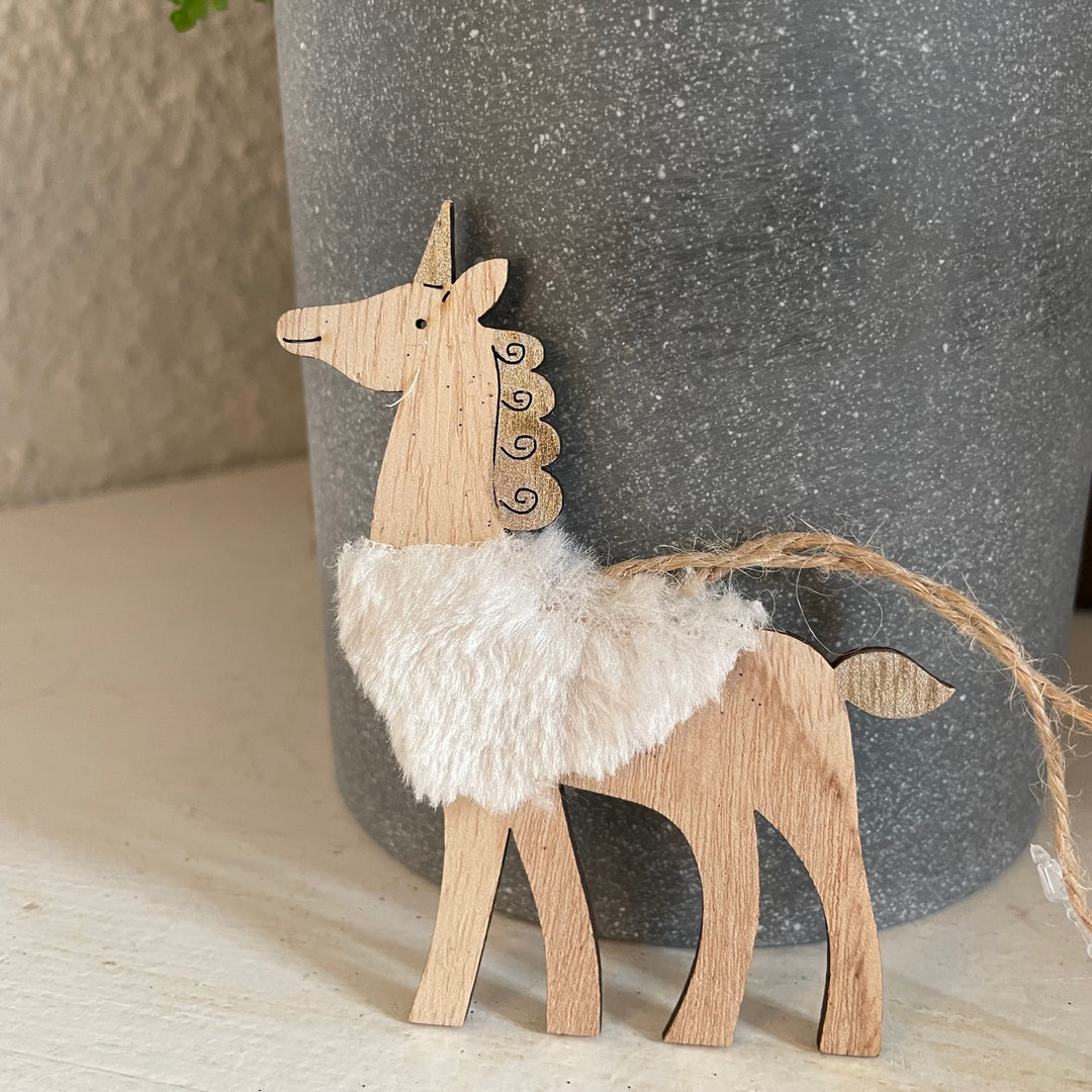 Wooden Unicorn with Faux Fur Hanging Decoration