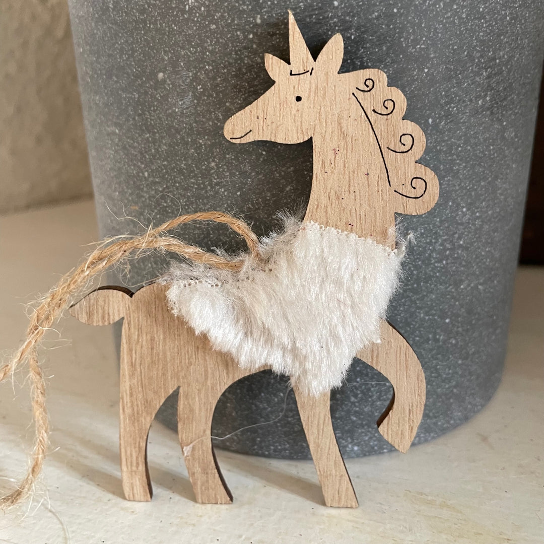 Wooden Unicorn with Faux Fur Hanging Decoration