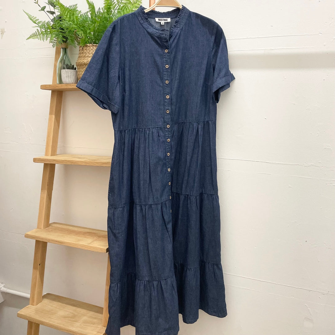 Button Through Denim Tiered Dress