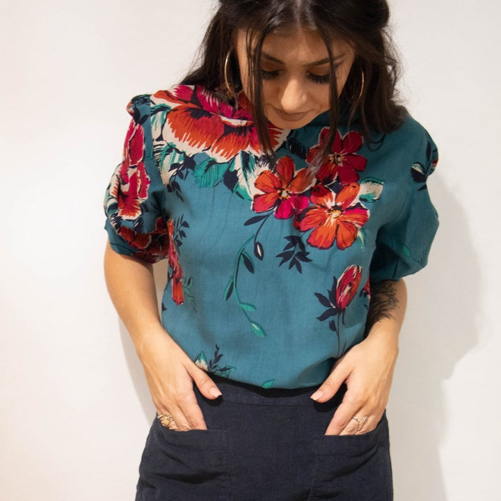 Teal peony Top