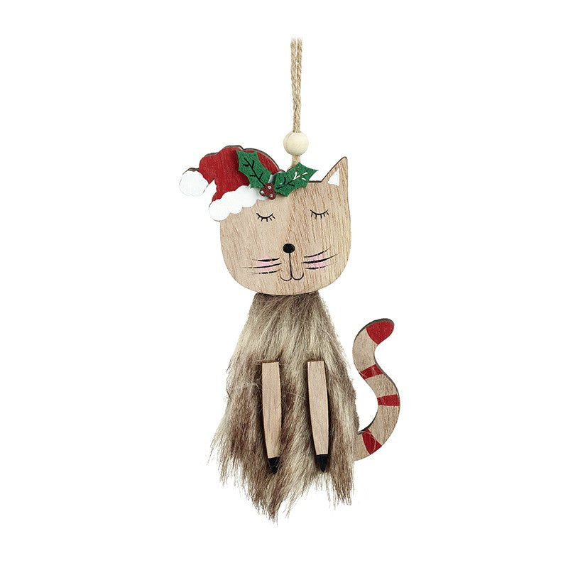 Wooden Christmas Cat with Striped Tail