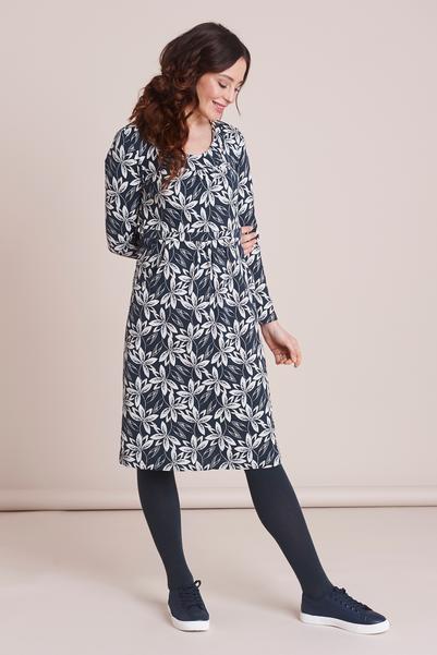 Palm Lily Jersey Dress- Navy