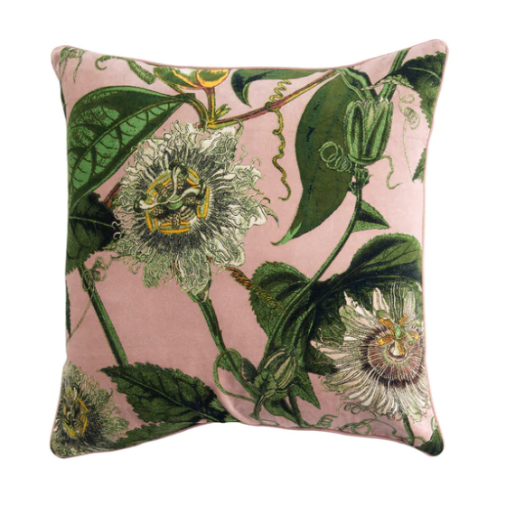 Passion Flower Pink Velvet Cushion
