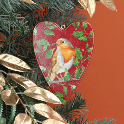 Robin Holly Wood Heart Decoration