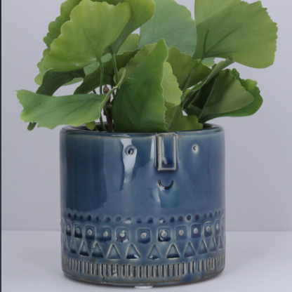 Navy Ceramic Face Pot Cover
