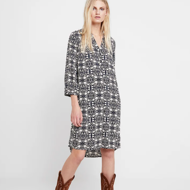 Callas Dress - Dark Blue Tile Print