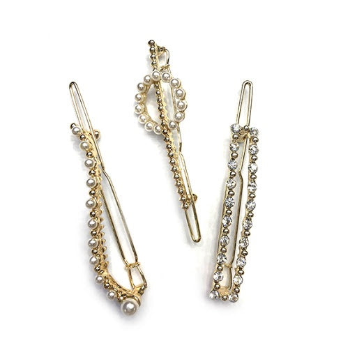 Set of Three Gold/Diamonte/Pearl Hair Clips