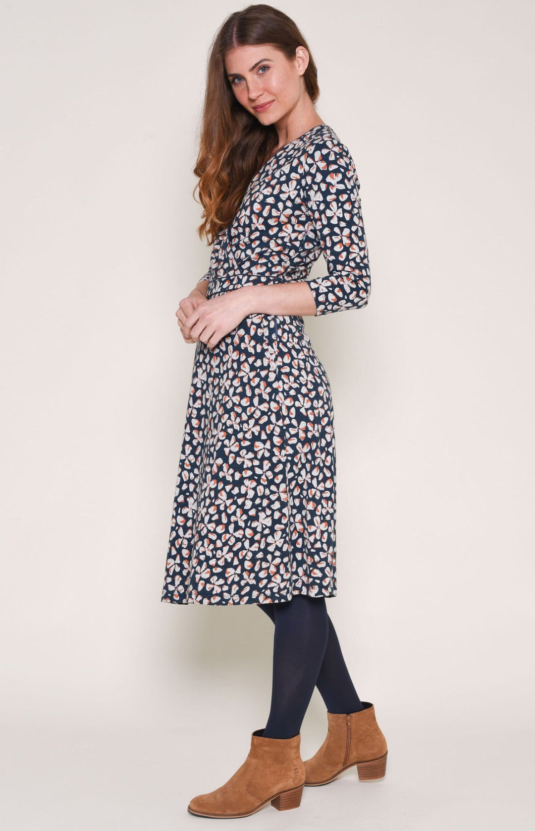 Petal 3/4 Wrap Dress - Navy Floral