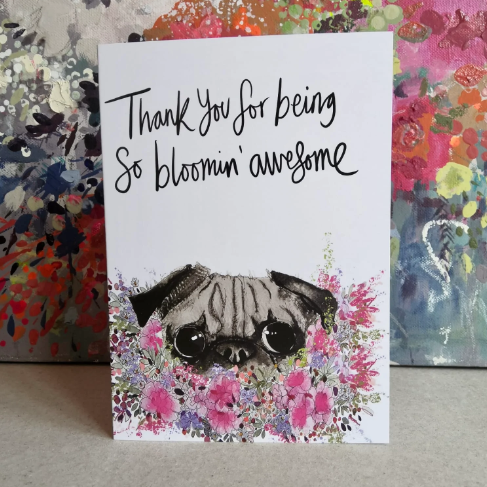 Pug in Flowers greetings Card