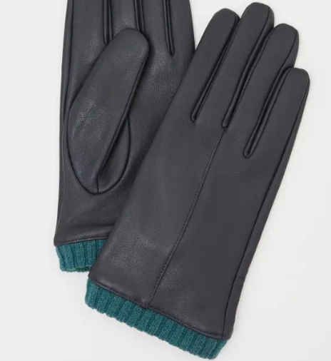 Wool Cuff Leather Gloves - Navy