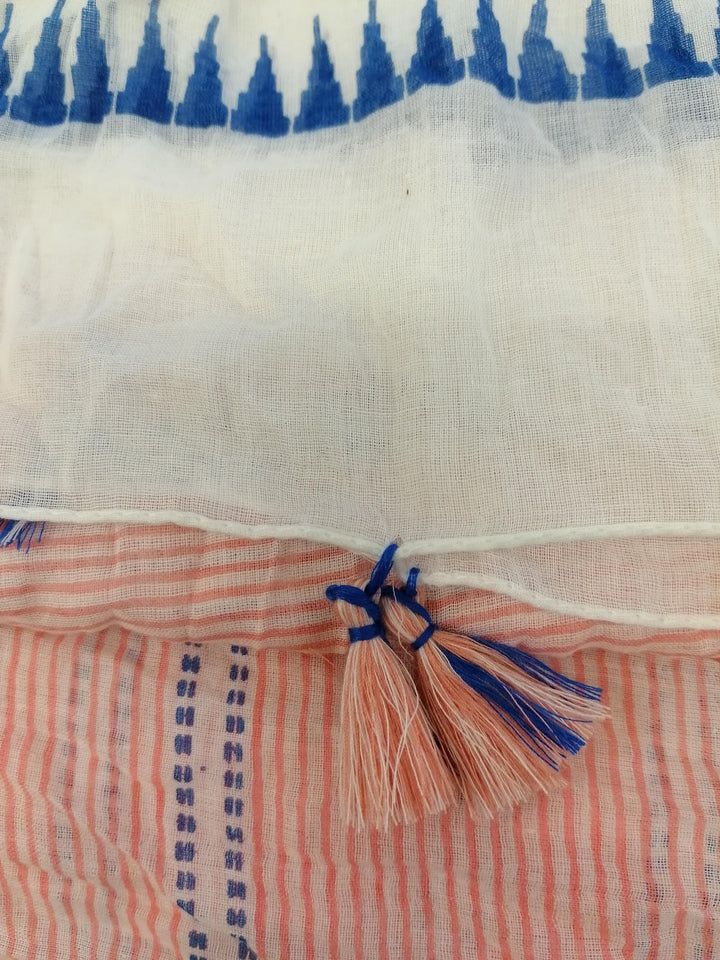 Cotton Scarf with Tassels - Blue, Red and Cream.