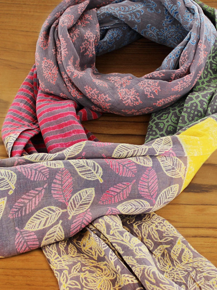 Leaf and Striped Block Printed Scarf / Sarong