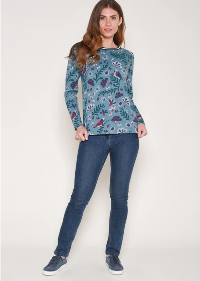 Birds Blossom Long Sleeve Tee - Blue