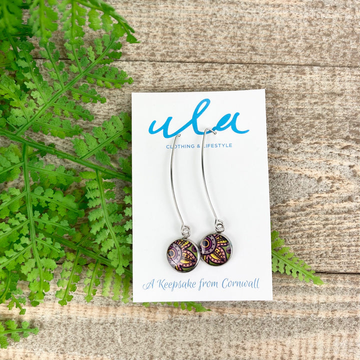 Paisley Flower Print Long Wire Drop Earrings