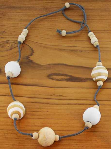 Long Stripy Wooden Ball Necklace - Cream and White