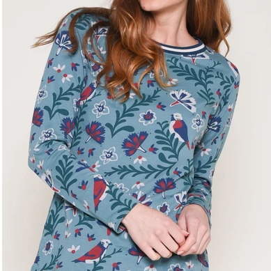 Birds Blossom Long Sleeve Tee - Blue
