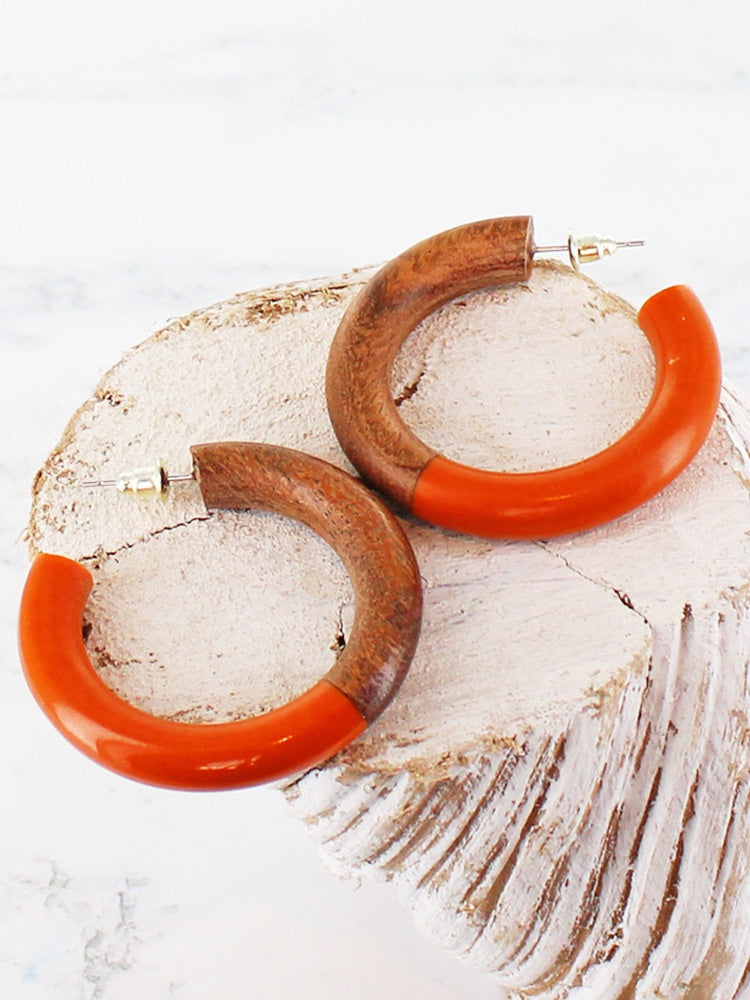 Resin and Wood Hoop Earring - Orange