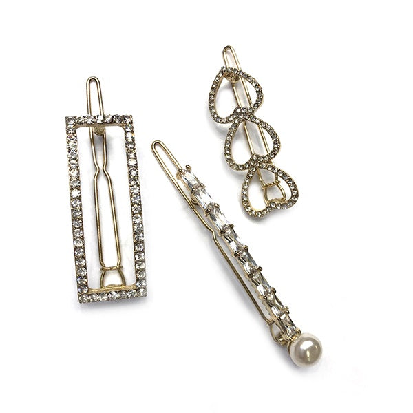 Set of Three Gold/Diamonte/Pearl Hair Clips