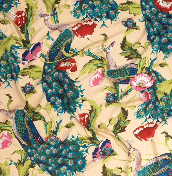 Peacocks and Poppies Crepe Long Kimono - Sand
