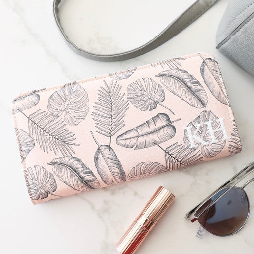 Palm Print Large Zip Around Purse - Pink and Black