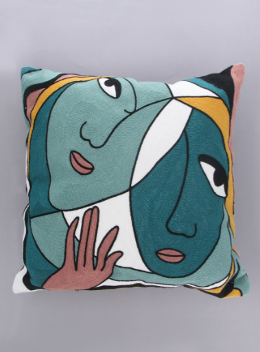 Embroidered Abstract Faces Cushion with Pad