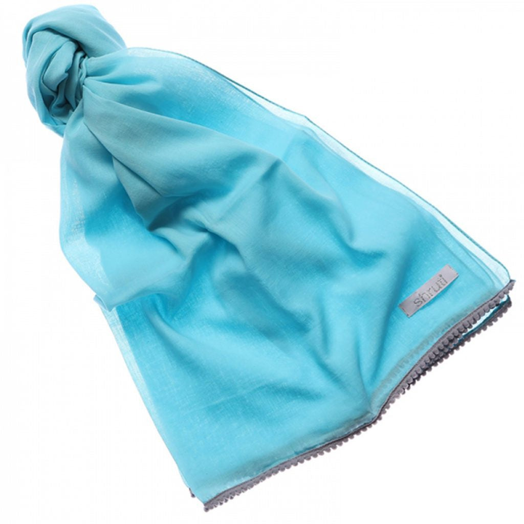 Turquoise Scarf with Pale Blue Pom Poms