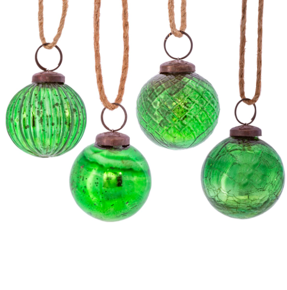 Set of 4 Green Crackle Glass Baubles