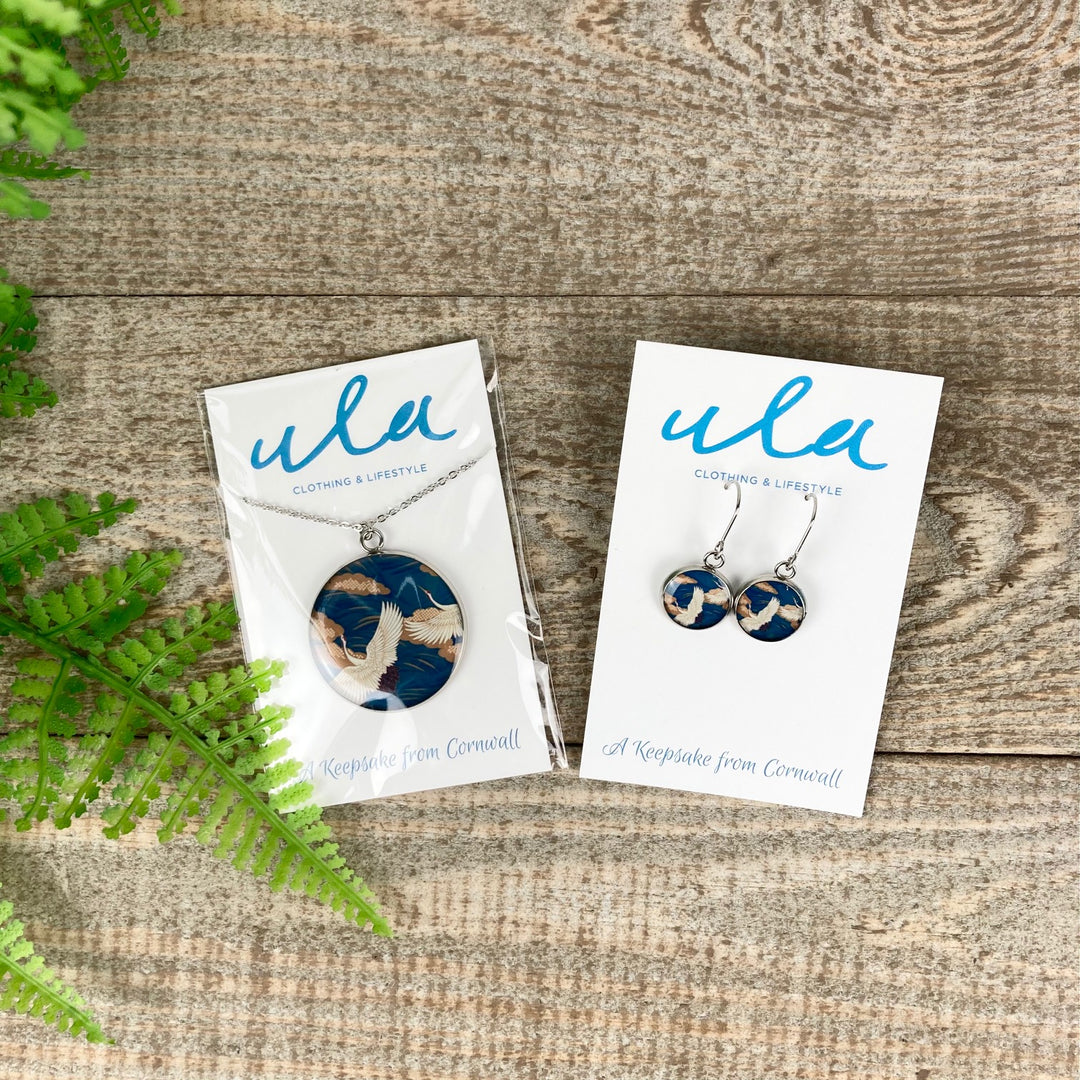 Japanese Stork Print Short Wire Drop Earrings