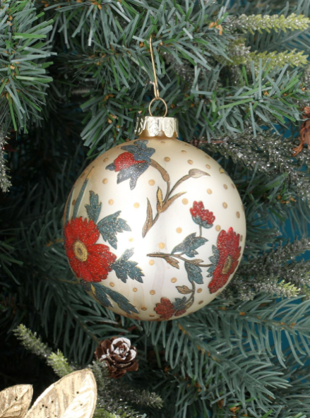 Cream Glass Bauble with Red Poppies