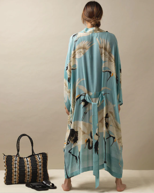 Stork Crepe Long Kimono - Sky Blue