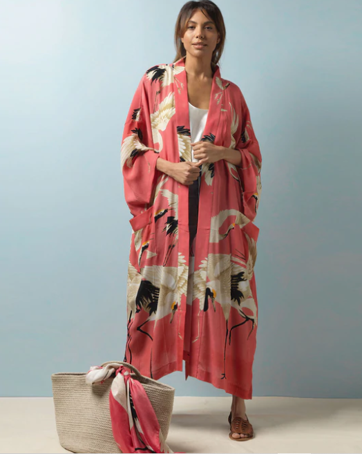 Stork Crepe Long Kimono - Lipstick Pink