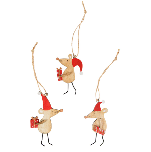 Christmas Mice Wooden Hanging Decorations
